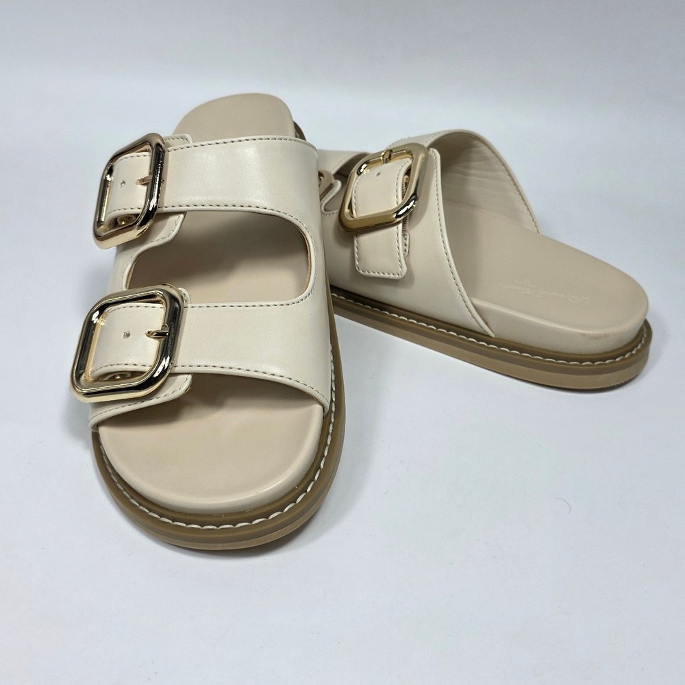 Universal Thread Women 8 Cream Double Buckle Slide Sandals Gold Hardware Casual